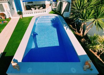 Semi-inground pool, completed. Built by Almeria Builders